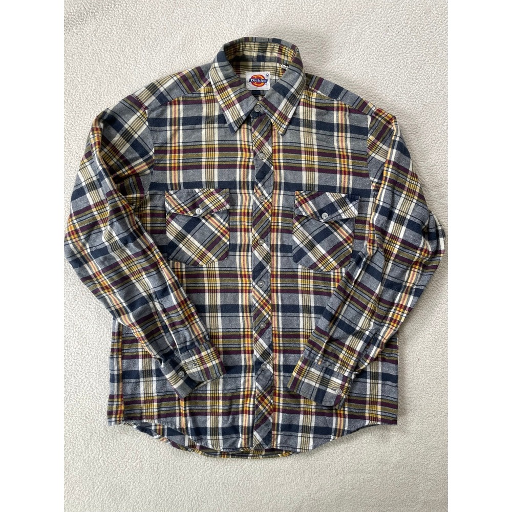 Vintage 80s Dickies Mens Medium Flannel Shirt Navy Blue Plaid Cotton Long Sleeve
